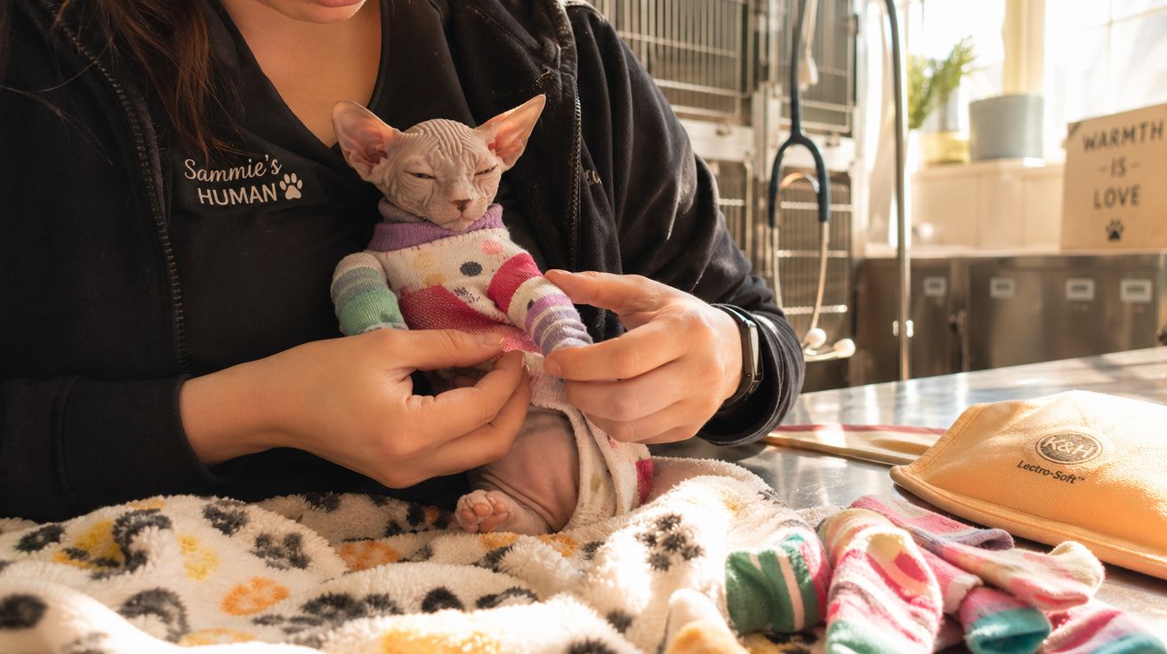 Pessoa veste gato Sphynx com suéter colorido em ambiente iluminado e acolhedor.
