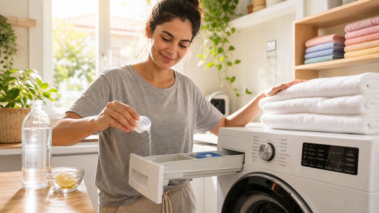 Mulher colocando detergente em máquina de lavar roupas em cozinha iluminada e organizada.