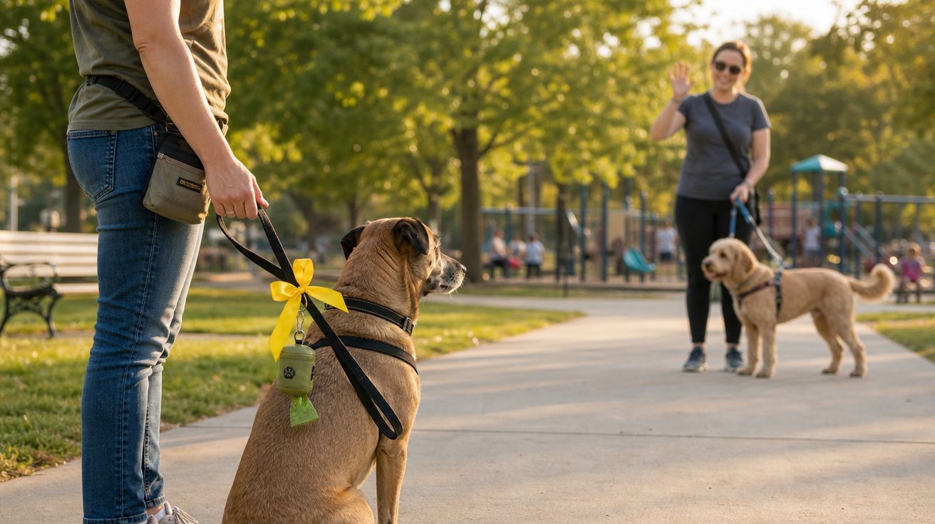 Pessoa com cachorro sentado e laço amarelo na coleira encontra outra pessoa com cachorro em parque ensolarado.