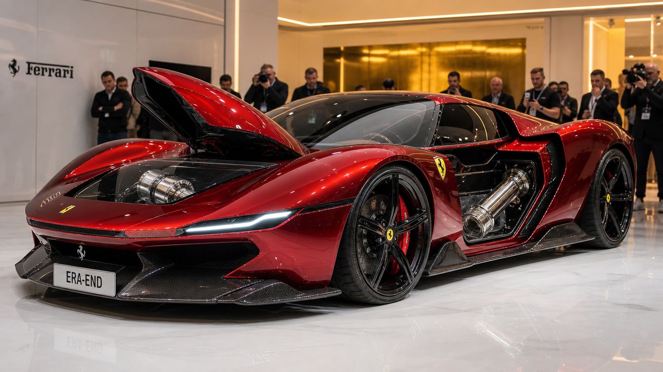 Carro esportivo Ferrari vermelho com capô aberto e motor exposto, em exposição com pessoas ao fundo.