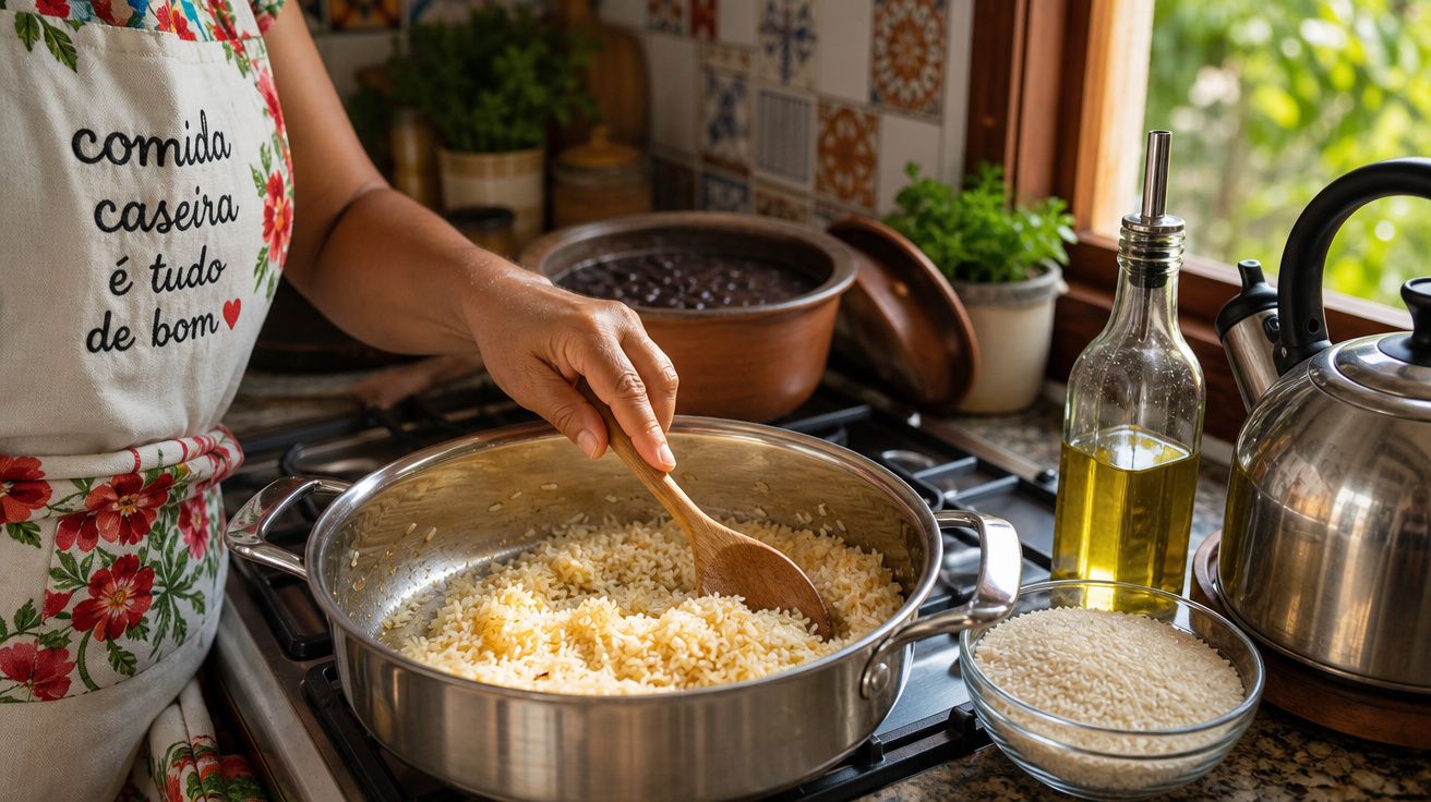 Pessoa mexendo arroz em panela no fogão com recipiente de arroz cru, azeite e chaleira na cozinha.
