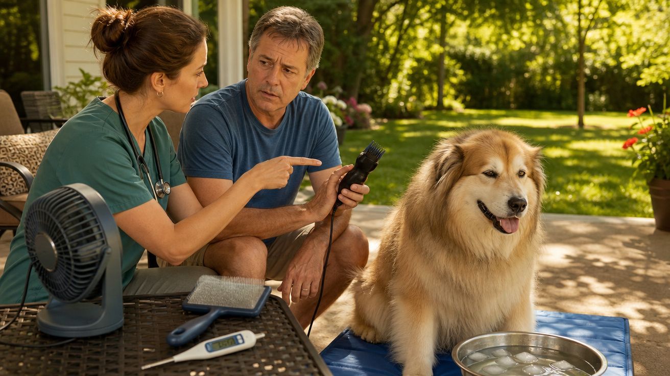 Mulher com jaleco conversa com homem segurando máquina de tosa ao lado de cachorro grande e peludo.