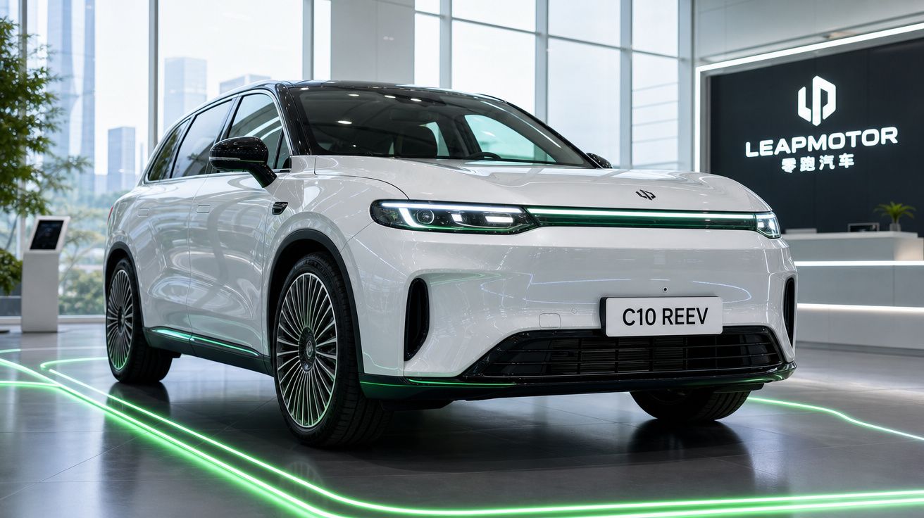 Carro elétrico branco Leapmotor C10 REEV exibido em showroom moderno com destaque para iluminação verde.