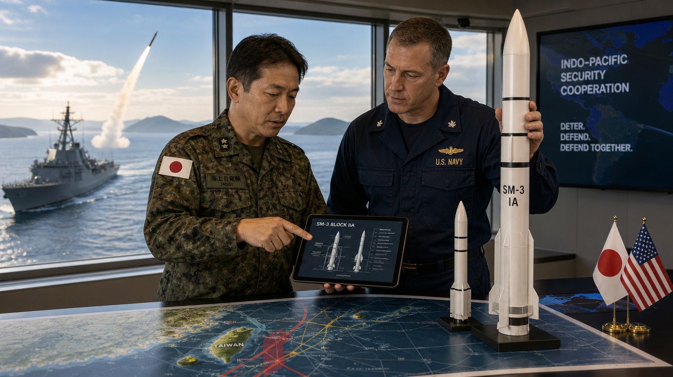 Dois militares, um japonês e um americano, analisam modelo e esquema de foguetes em mesa com mapa marítimo.