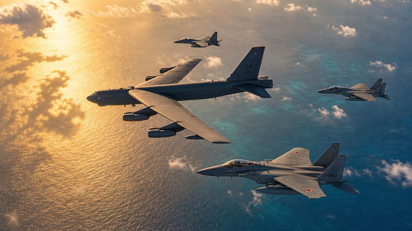 Formação de aviões militares voando sobre o oceano ao pôr do sol com céu parcialmente nublado.