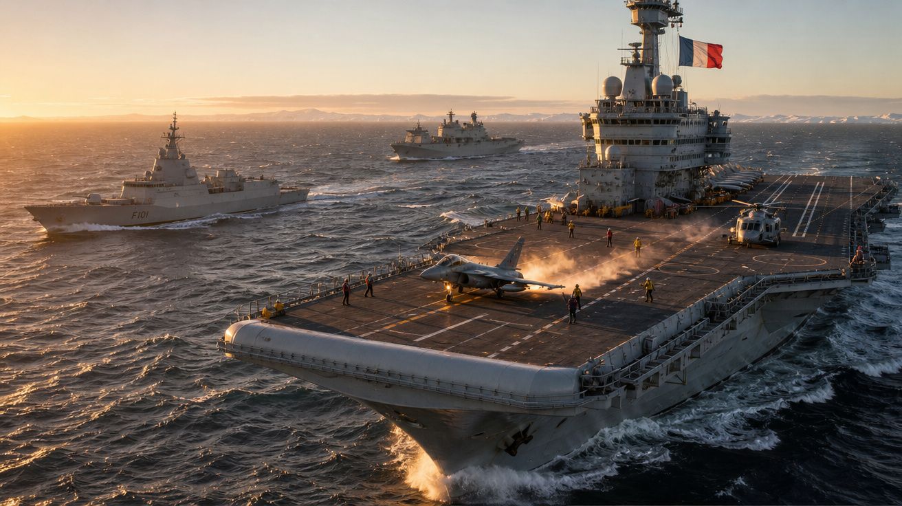 Porta-aviões francês com caça decolando ao pôr do sol, acompanhado por navios de guerra no mar agitado.