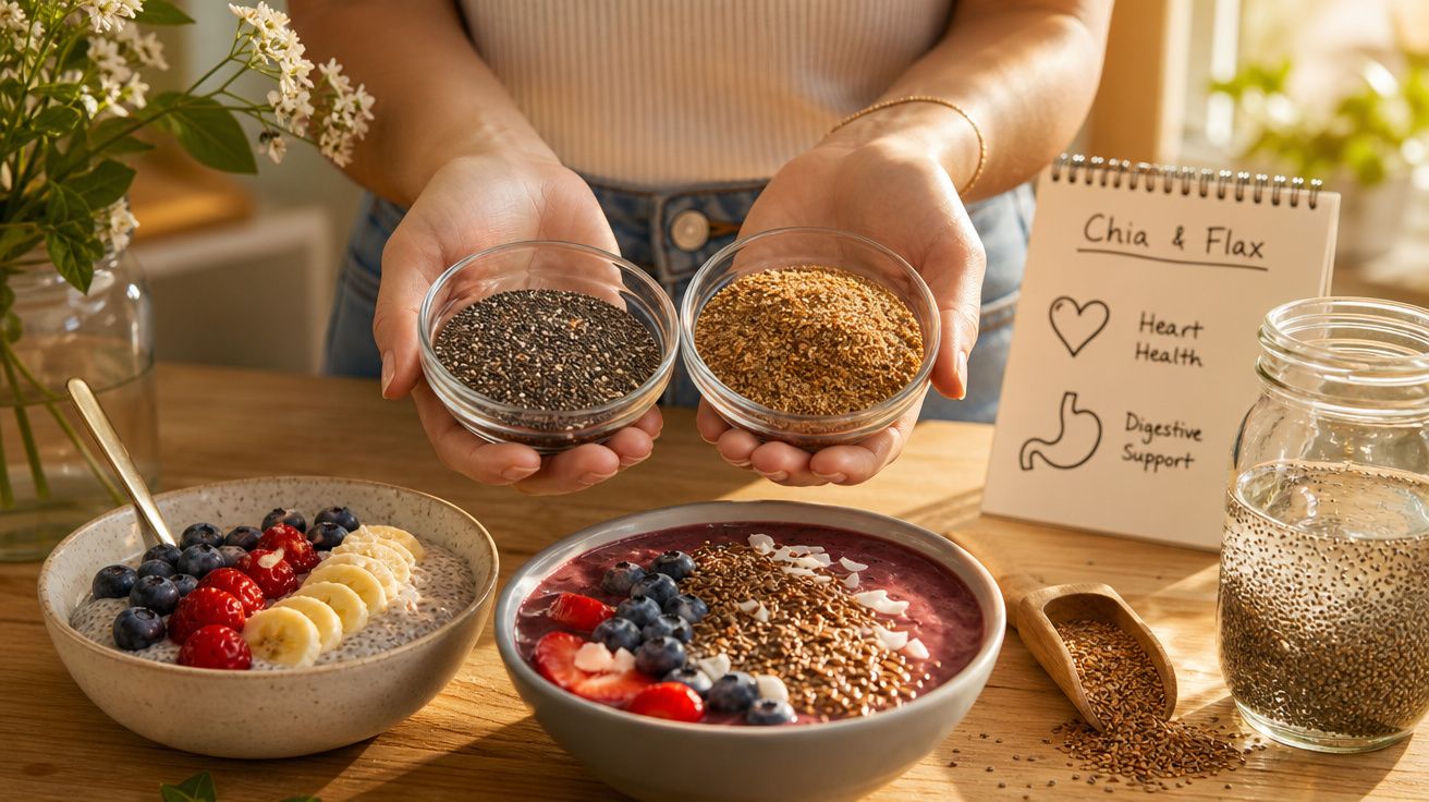 Pessoa segurando potes com sementes de chia e linhaça, com bowls de frutas e chia na mesa ao fundo.