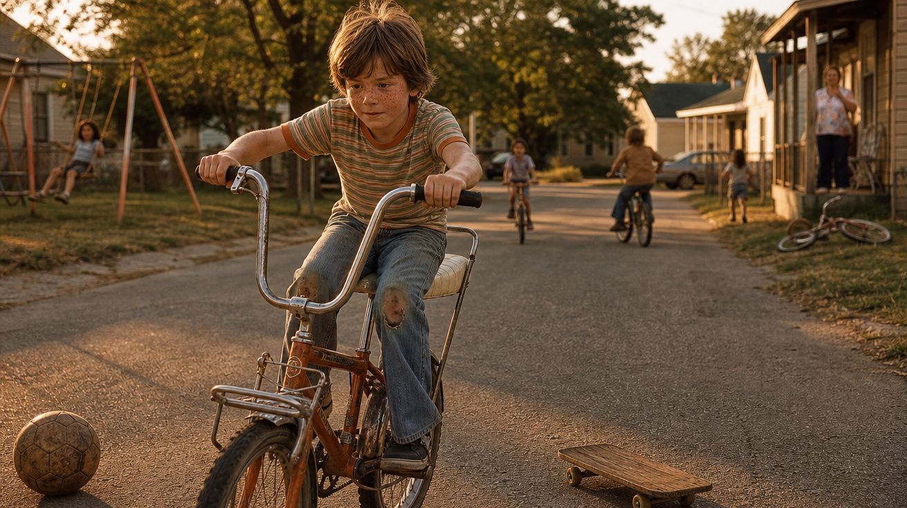 Crianças brincando na rua ao entardecer, com bicicleta, skate e bola de futebol.