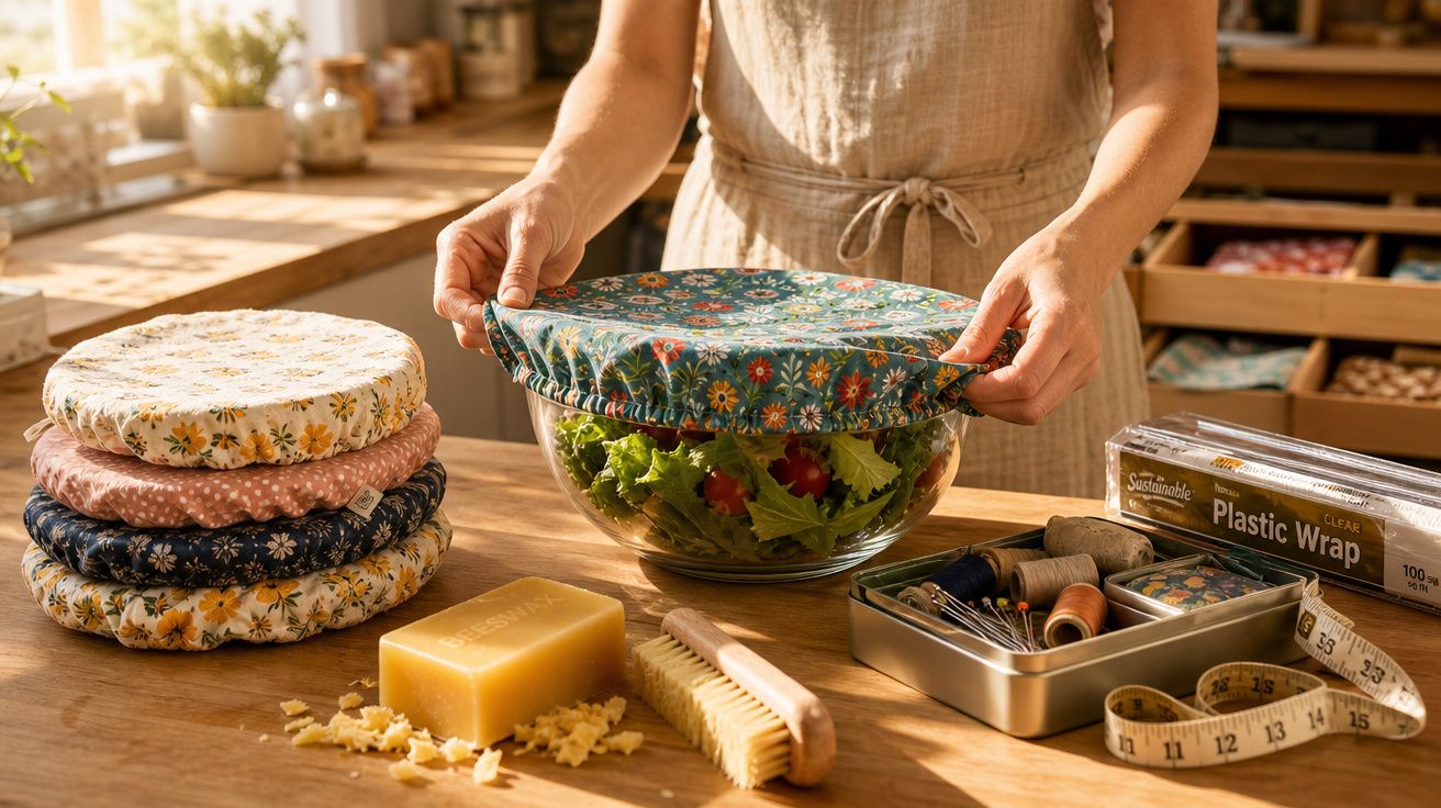 Pessoa cobrindo tigela de salada com tampa ecológica reutilizável em cozinha iluminada a luz natural.