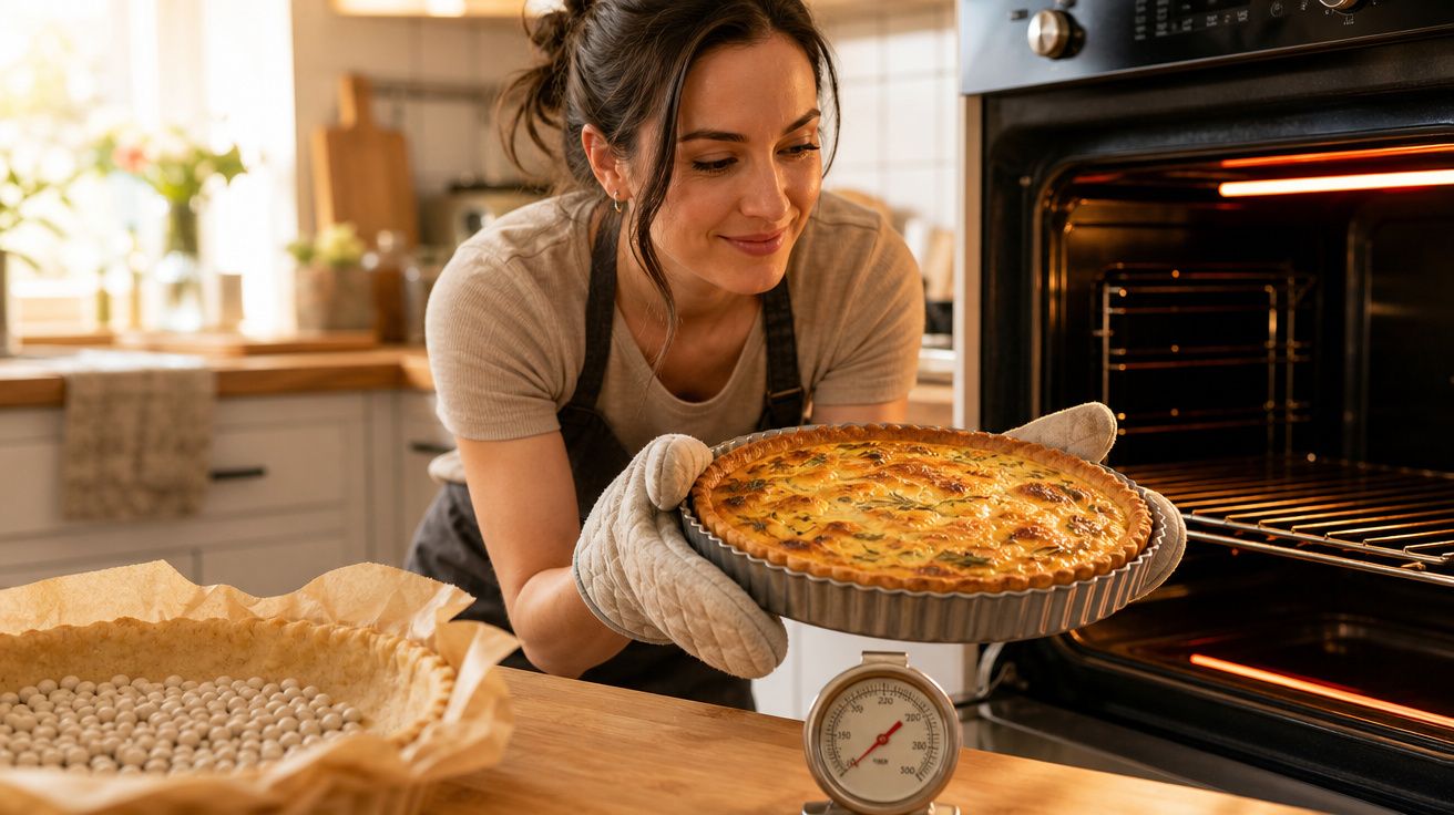 Mulher segurando torta quente retirada do forno em cozinha iluminada e utensílios ao fundo.