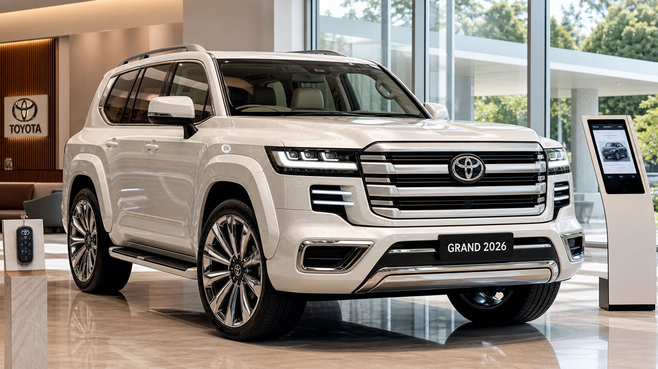 SUV branco modelo Toyota Grand 2026 exposto em showroom moderno com iluminação natural e vidro.