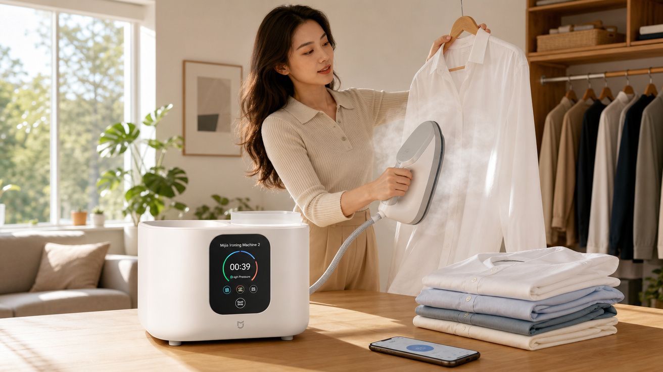 Mulher usando vaporizador para passar camisa branca em ambiente iluminado e organizado.