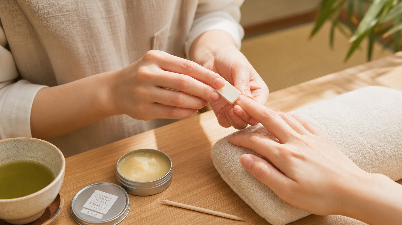 Pessoa recebendo manicure com lixa nas unhas em ambiente calmo com toalha e creme de hidratação.