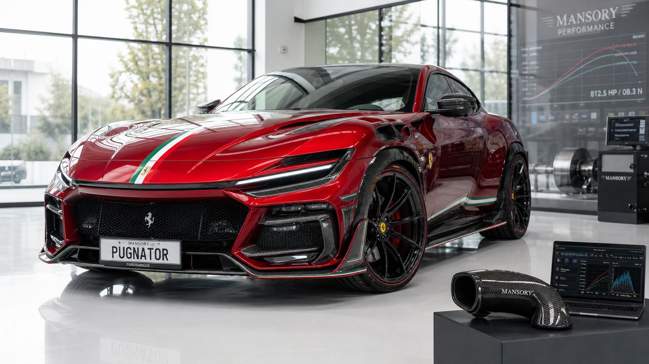 Carro esportivo vermelho Ferrari Pugnator com detalhes em verde e branco exibido em showroom moderno.