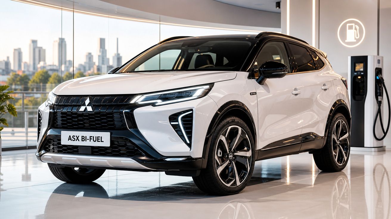 SUV branco Mitsubishi ASX Bi-Fuel estacionado em sala moderna com janelas panorâmicas e estação de recarga.