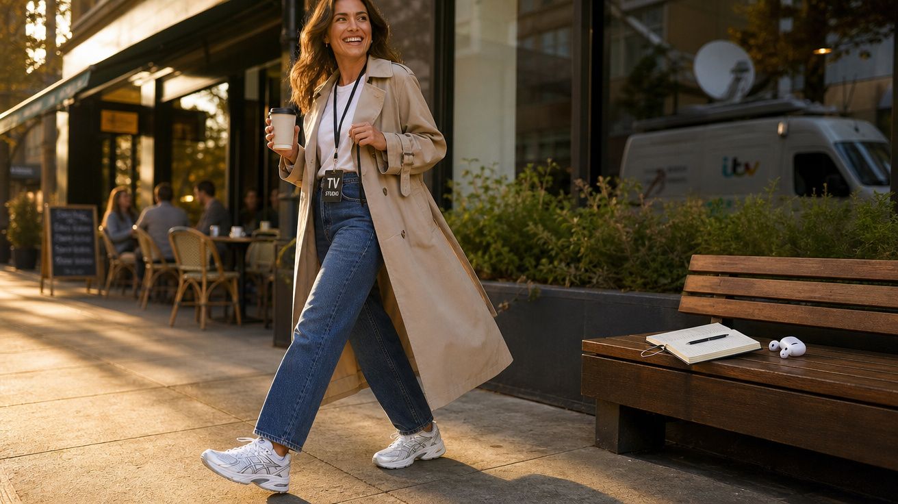 Mulher sorridente caminhando na calçada com casaco bege, jeans, tênis brancos e café na mão.