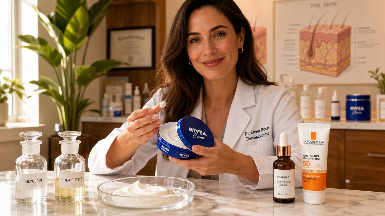 Mulher dermatologista segura pote de creme Nivea em consultório com produtos de cuidados com a pele.