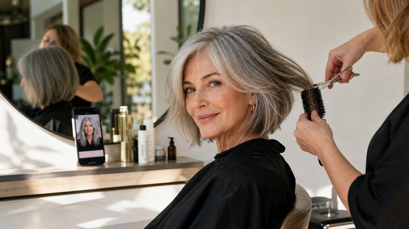Mulher sorridente cortando cabelo grisalho em salão com cabeleireira e espelho ao fundo.