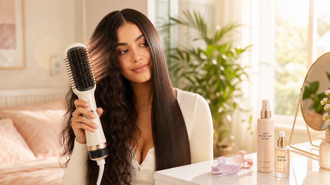 Mulher usando escova elétrica para alisar metade do cabelo cacheado em ambiente iluminado e decorado.