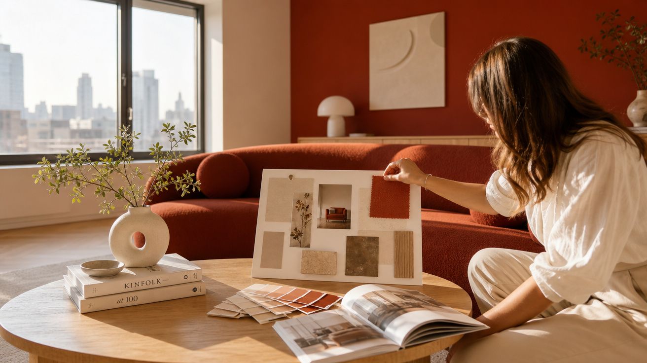 Mulher analisando amostras de tecidos em sala com sofá vermelho e mesa com livros e vaso decorativo.