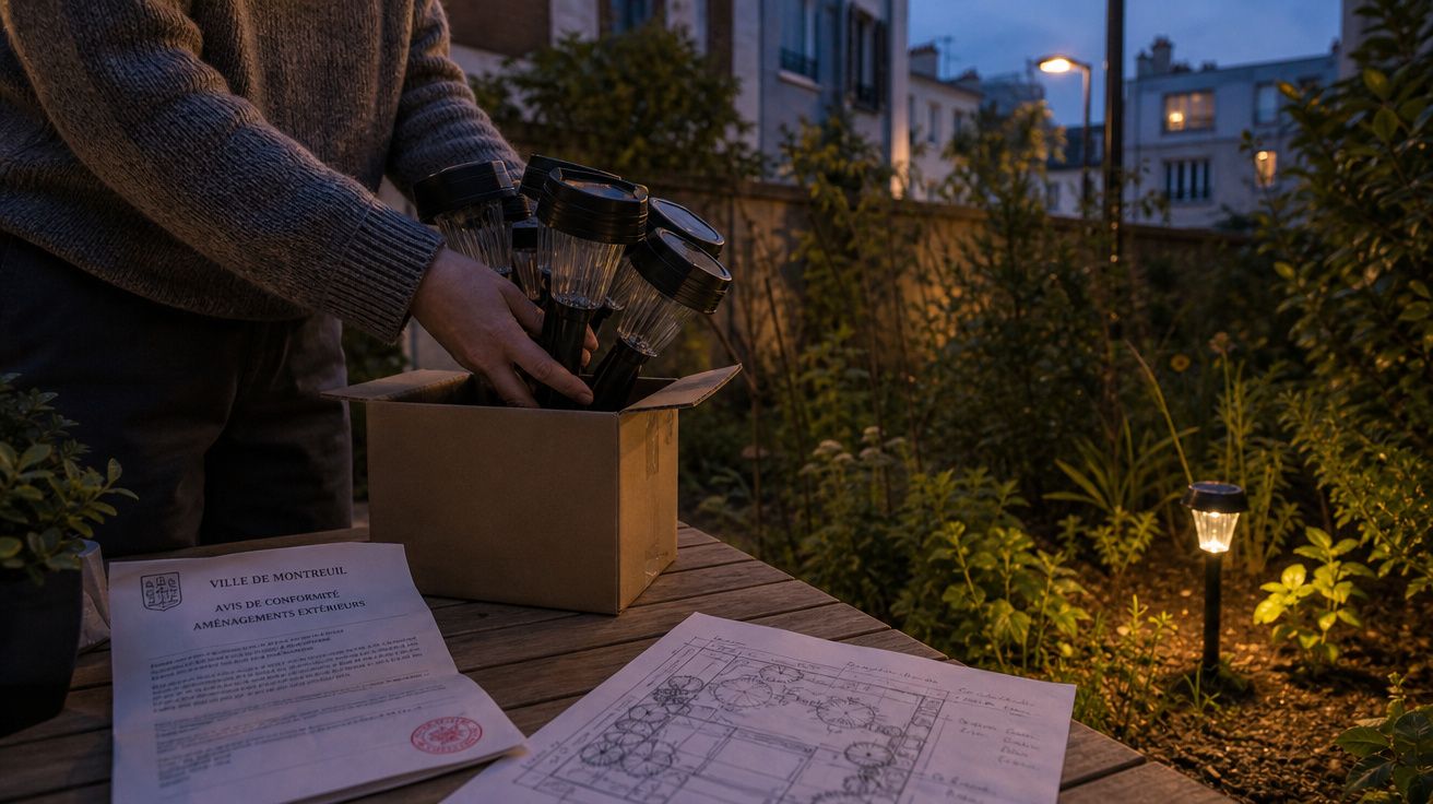 Pessoa instalando luminárias solares em jardim à noite, com plantas e plantas e desenhos técnicos na mesa.