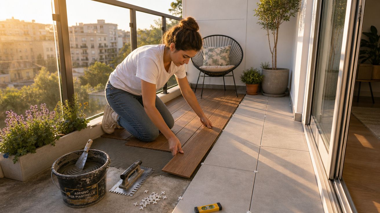 Mulher instalando piso de madeira sobre piso de cerâmica em varanda ensolarada de apartamento.