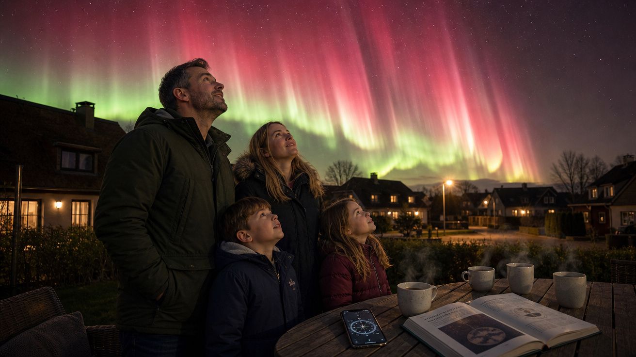 Família observando aurora boreal colorida no céu noturno enquanto está em um jardim com livros e canecas.