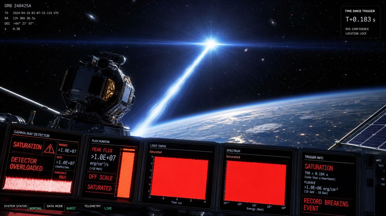 Satélite em órbita observa explosão intensa de raios gama na atmosfera terrestre.