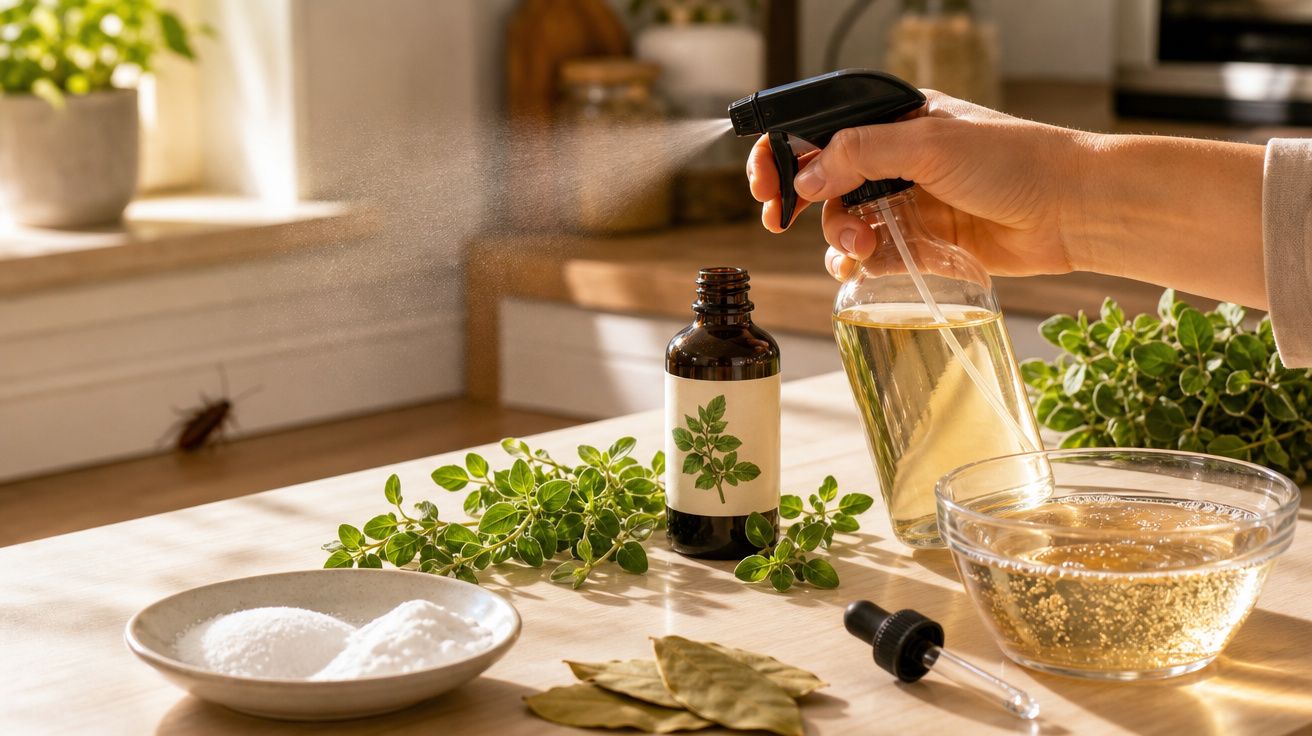 Mão borrifando solução caseira em inseto na parede, com ingredientes naturais sobre a mesa na cozinha.