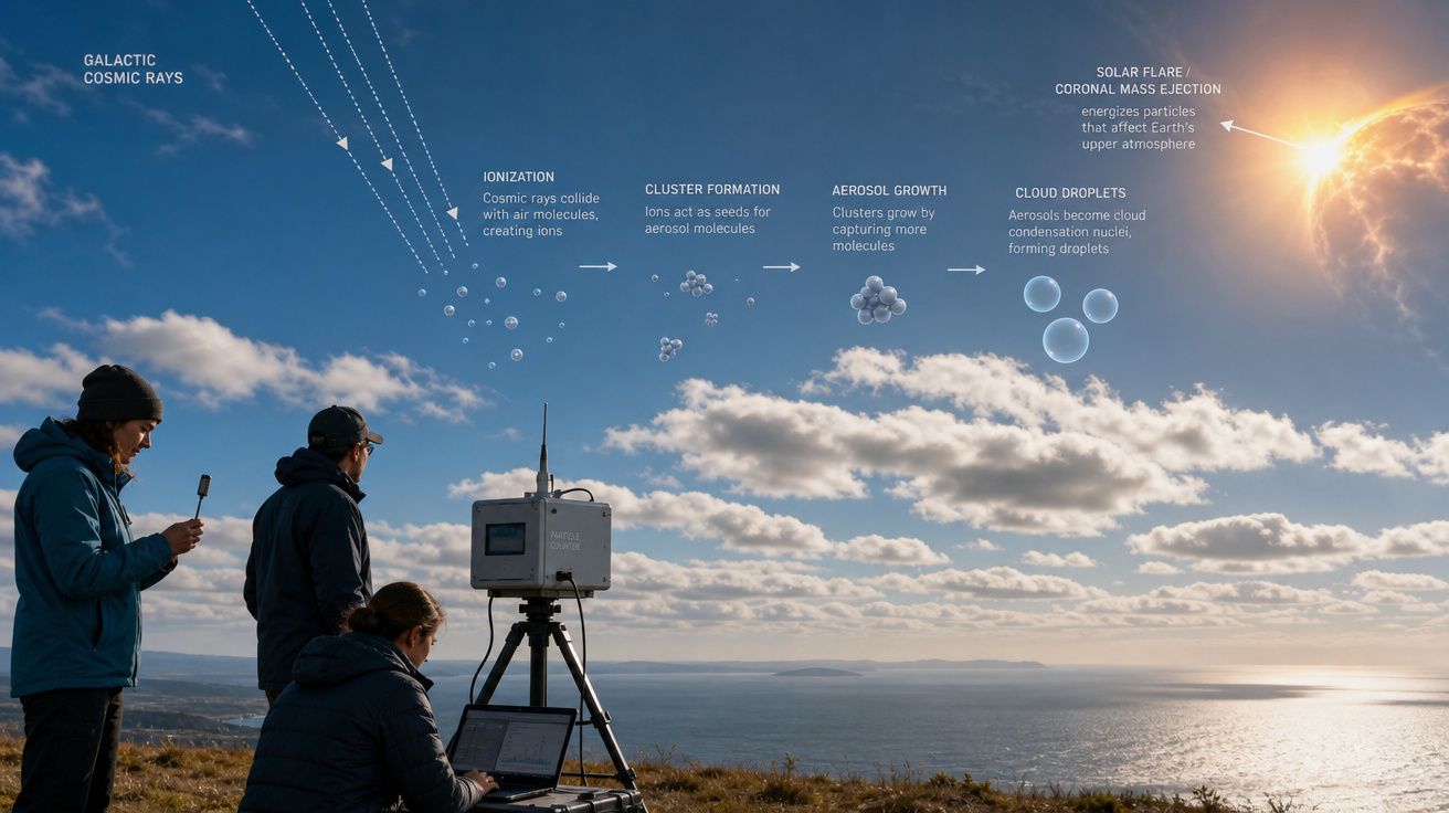 Três pessoas utilizando equipamento de medição ao ar livre com ilustração do processo de formação de aerossóis na atmosfera.