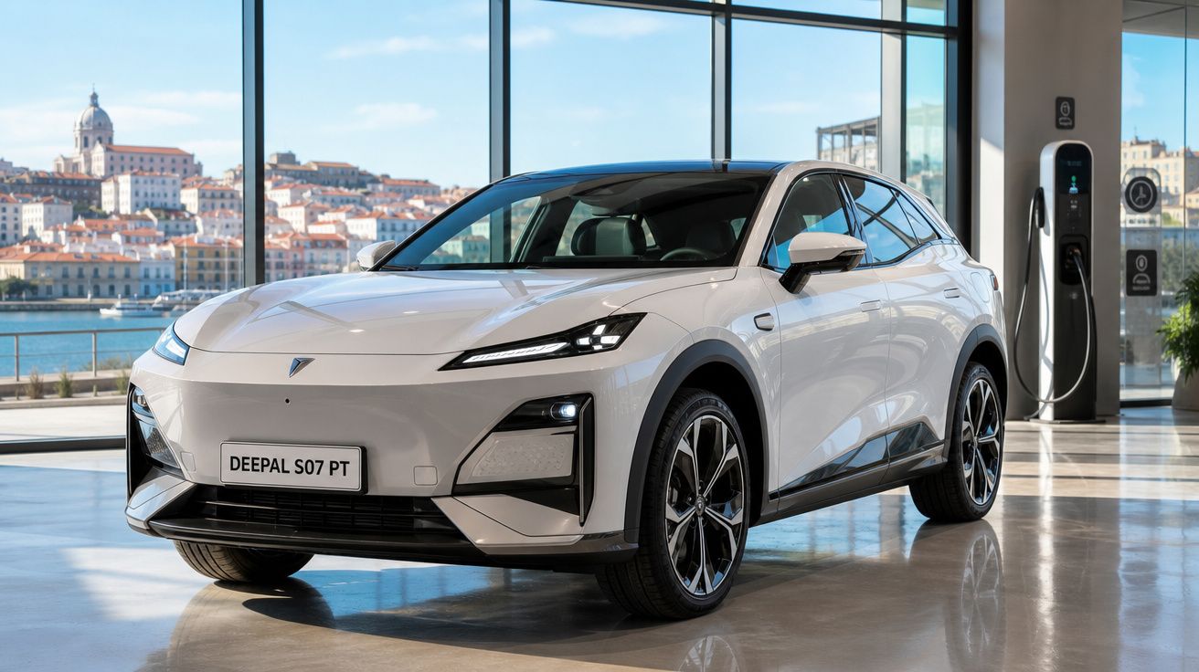 Carro elétrico branco Deepal S07 PT em showroom moderno com estação de recarga ao fundo e vista da cidade.