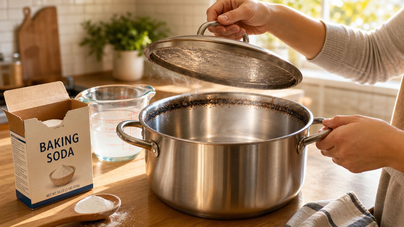 Mãos levantando tampa de panela com alvejante caseiro de bicarbonato e vinagre na cozinha ensolarada.