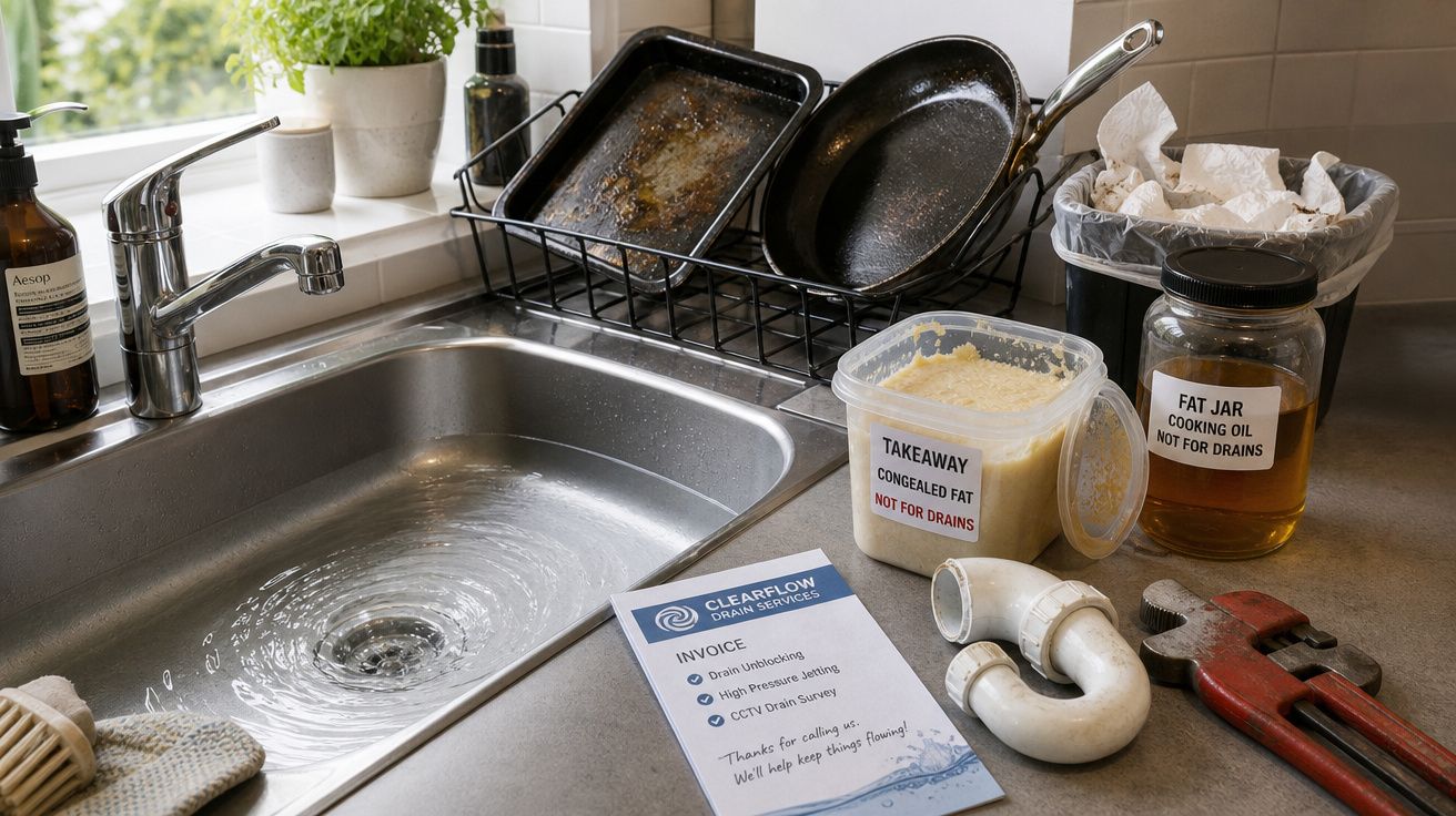Pia com água escoando, utensílios de cozinha sujos, produtos para gordura e ferramentas para desentupir ralos.