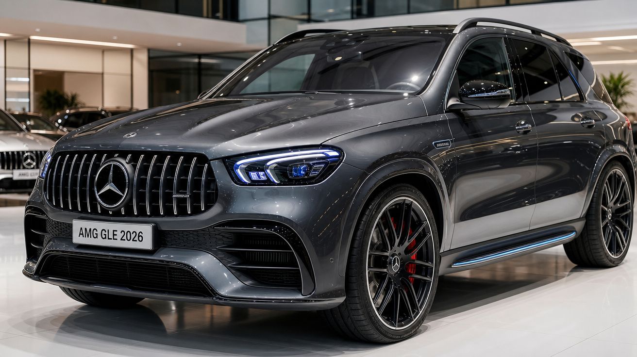 SUV Mercedes-Benz AMG GLE 2026 cinza metálico exibido em showroom moderno.