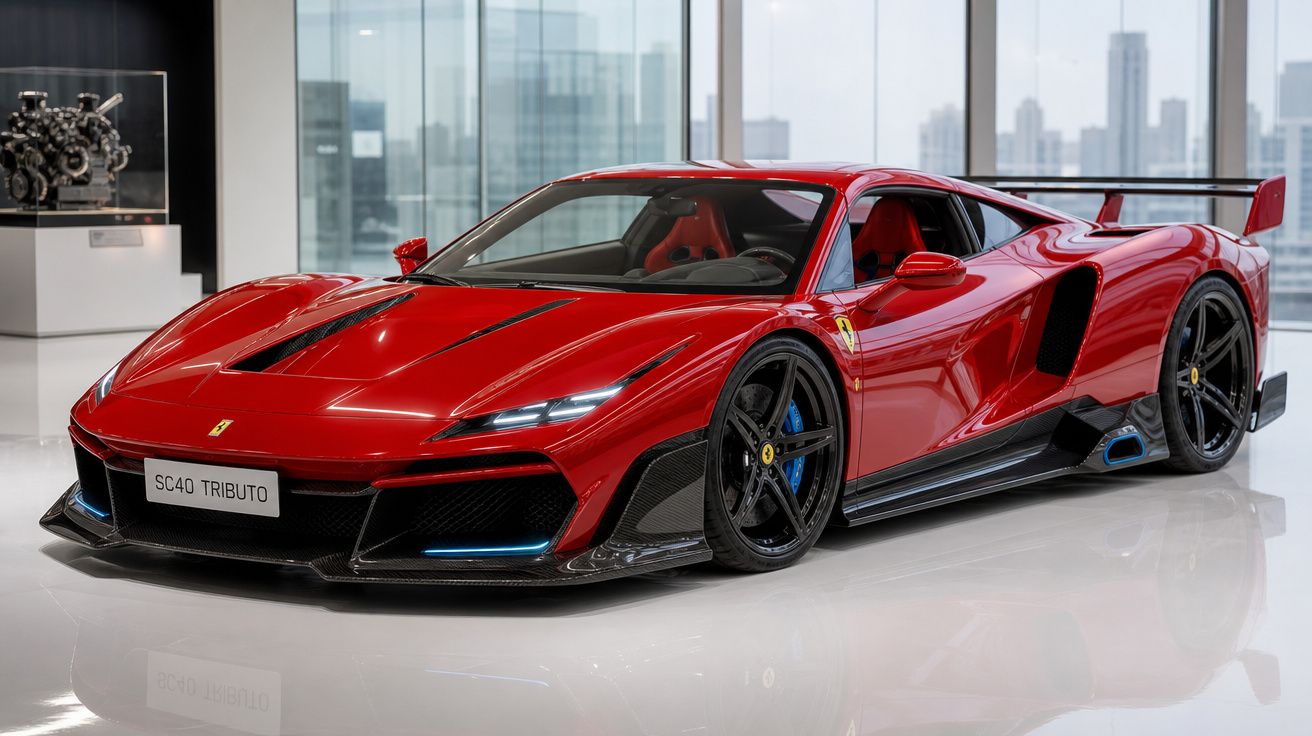 Carro esportivo vermelho Ferrari SC40 Tributo exibido em ambiente interno moderno, vista frontal lateral direita.