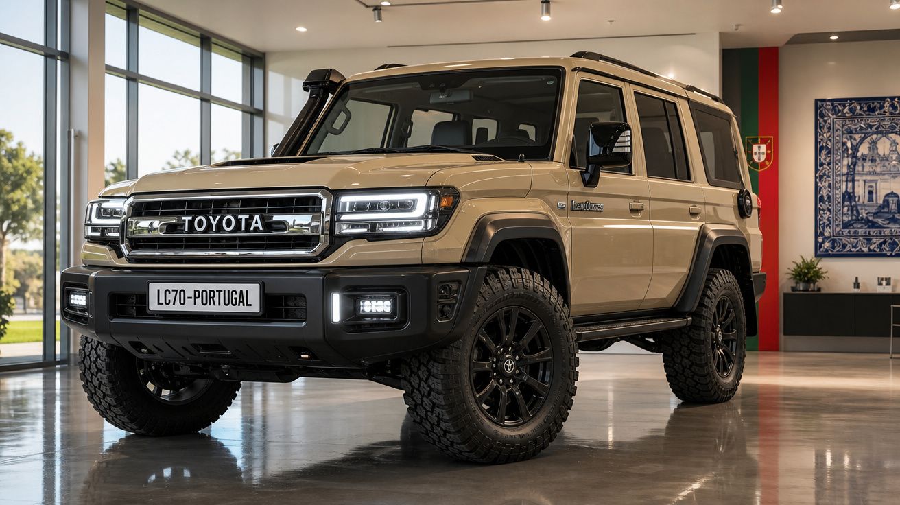 SUV Toyota Land Cruiser 70 bege estacionado em showroom com piso refletivo e paredão com decoração portuguesa.