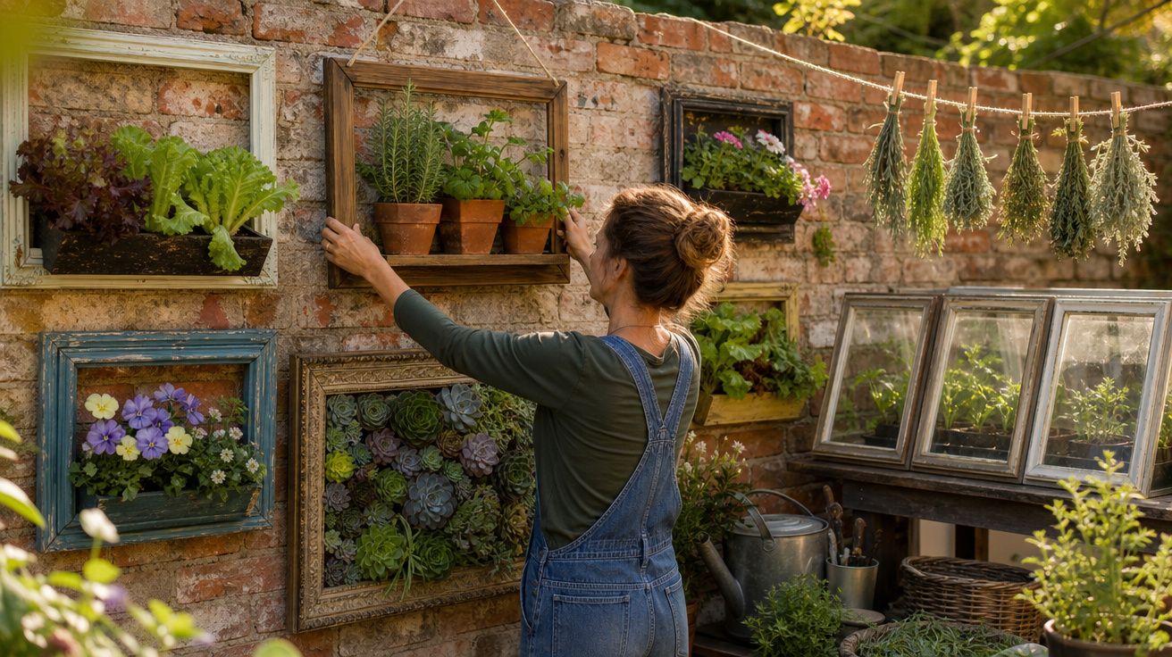 Mulher cuidando de plantas em vasos reciclados presos a parede de tijolos em jardim ensolarado.