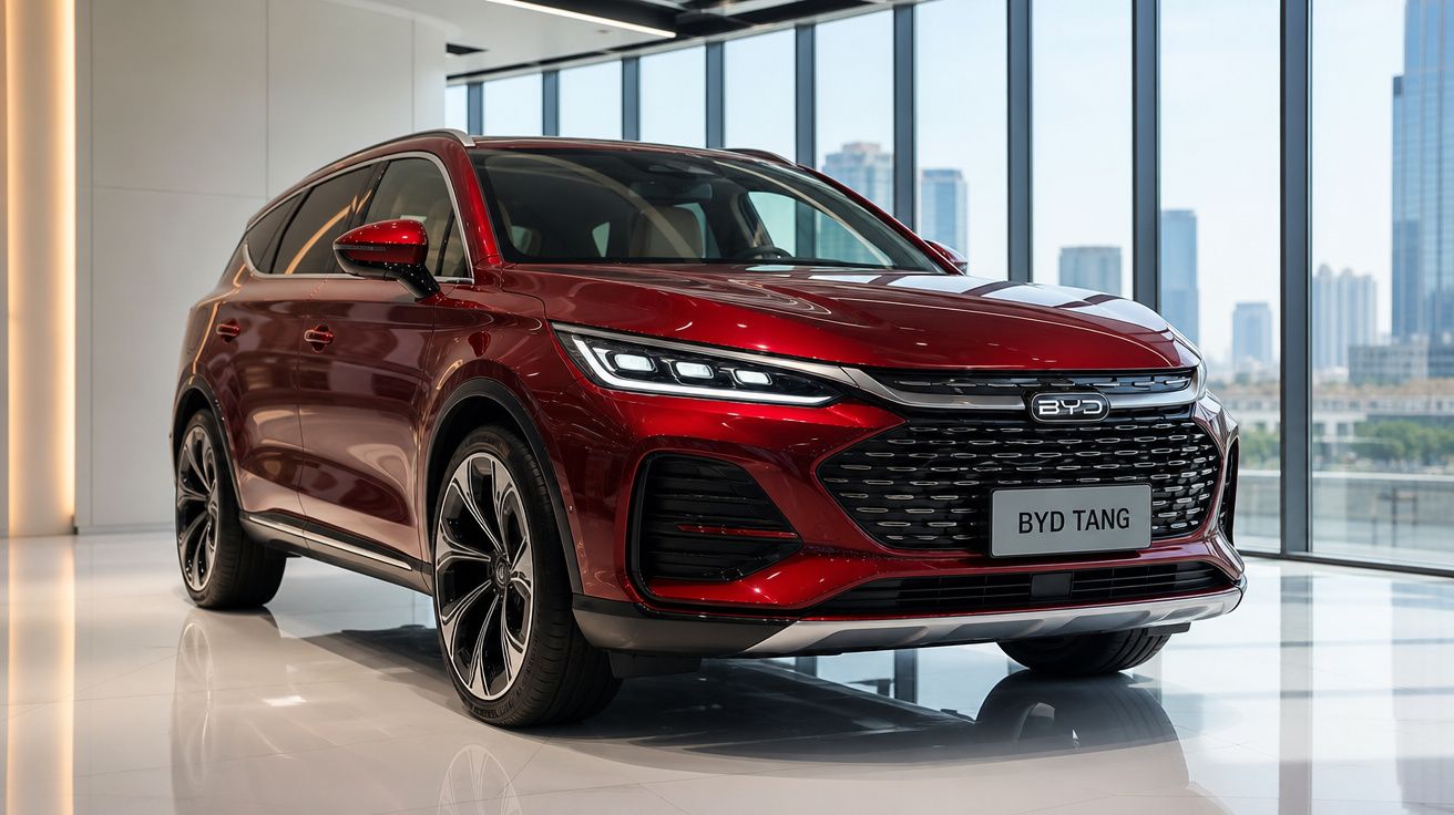 Carro SUV vermelho BYD Tang exibido em showroom com janelas grandes e vista urbana ao fundo.