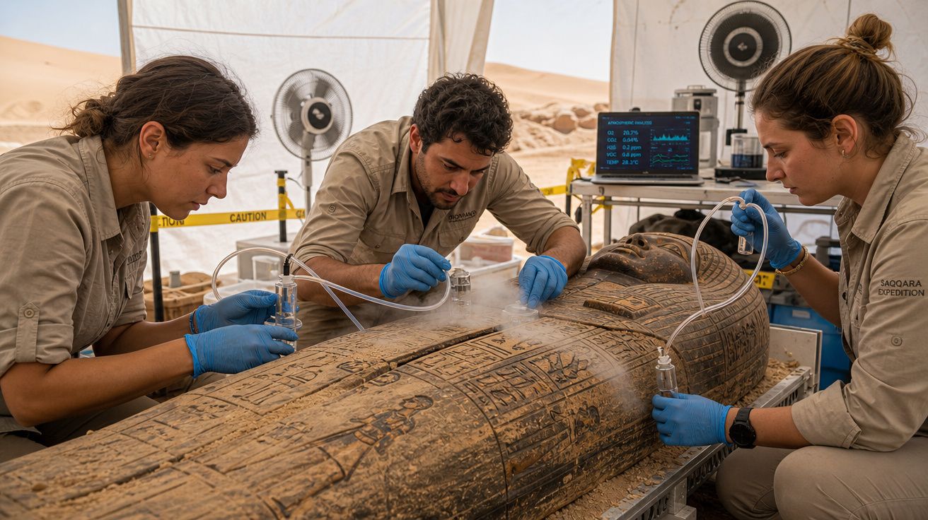 Três arqueólogos analisam um sarcófago egípcio em laboratório no deserto com equipamentos modernos.