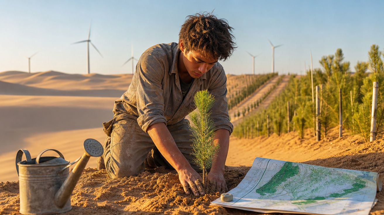 Jovem plantando árvore em terreno arenoso com turbinas eólicas e mapa ao lado ao pôr do sol.