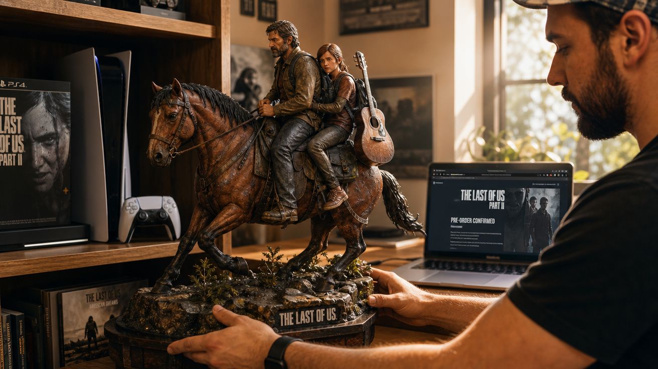 Pessoa segurando estátua detalhada de personagens montados a cavalo do jogo The Last of Us em ambiente com jogos e computador