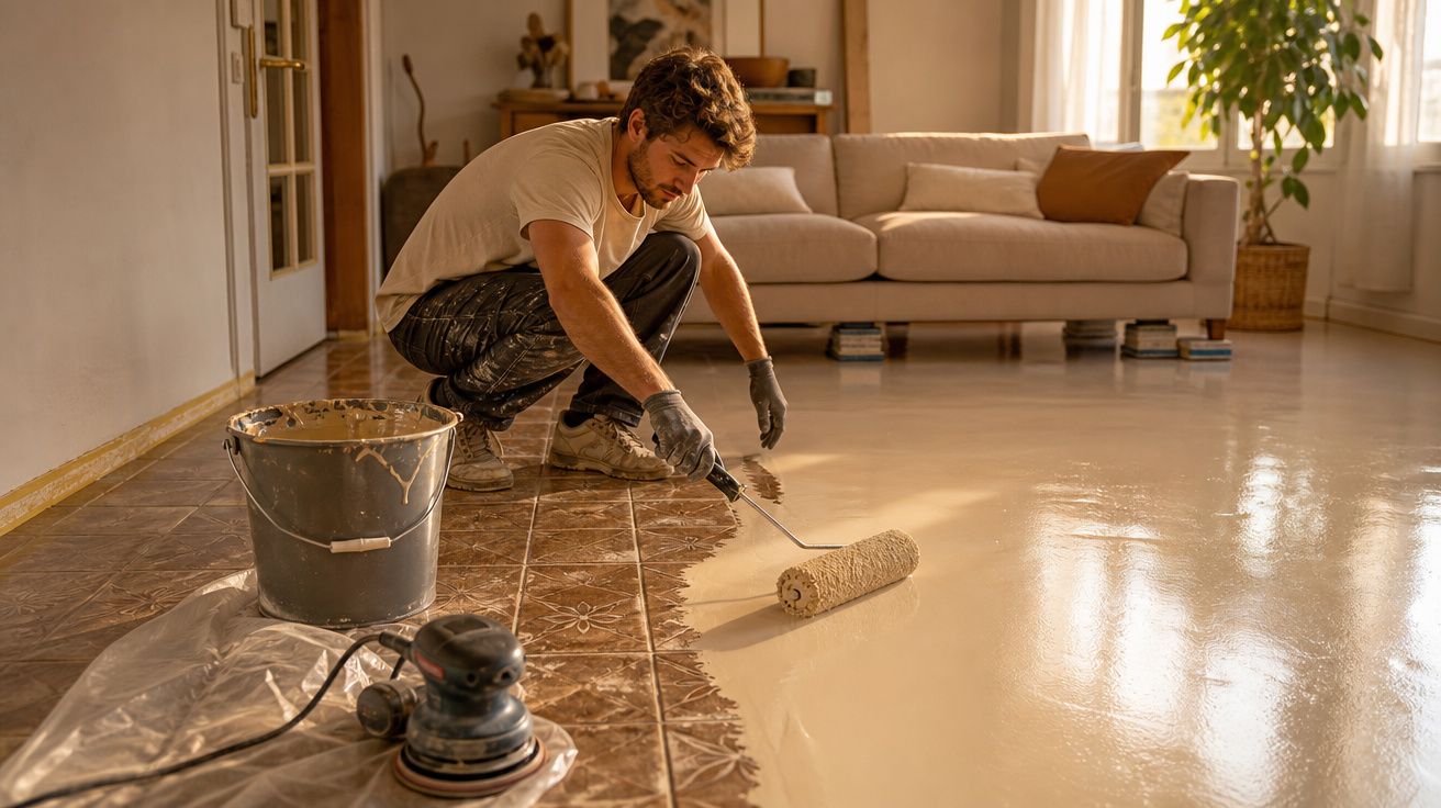 Homem aplicando tinta clara com rolo no chão de azulejos em sala de estar com sofá ao fundo.