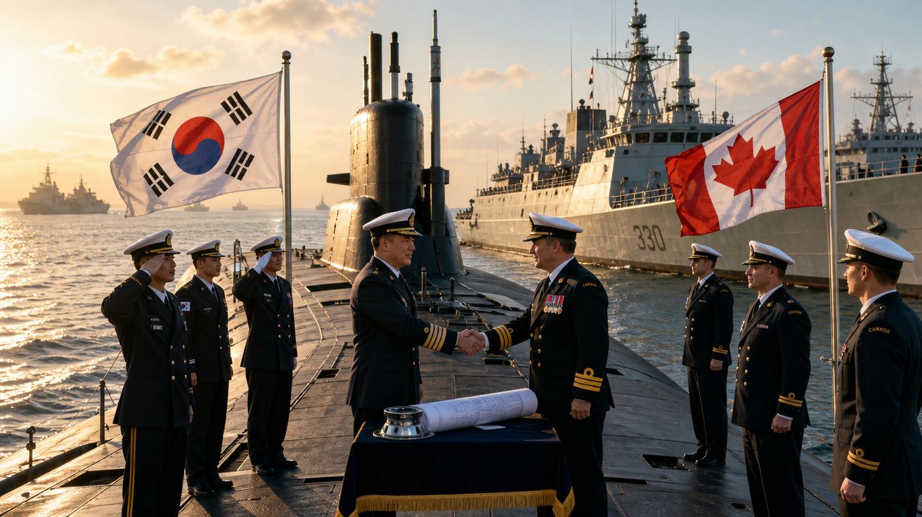 Oficiais navais da Coreia do Sul e Canadá apertam as mãos sobre submarino ao pôr do sol, com bandeiras dos dois países.