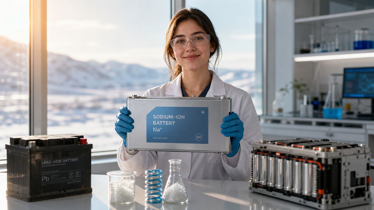 Mulher em laboratório segurando bateria de íon de sódio, com baterias e frascos sobre mesa.