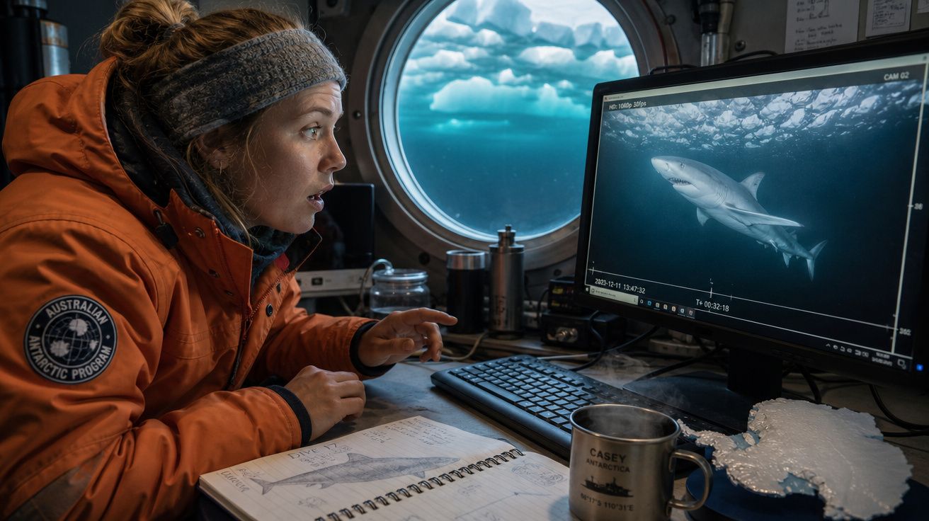 Mulher com jaqueta laranja observa tubarão na tela de computador em estação polar com janela para gelo.
