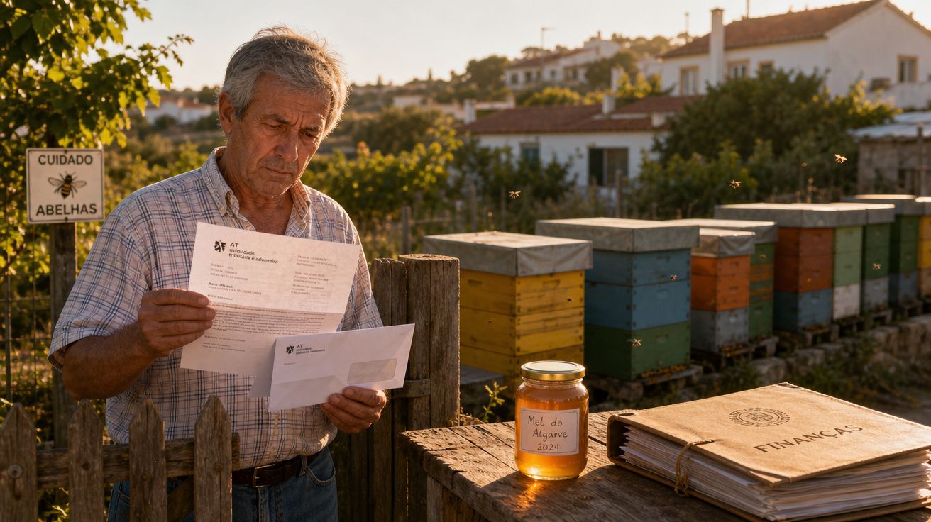Homem em apicultura lendo documento ao lado de colmeias, pote de mel e pasta de finanças ao pôr do sol.