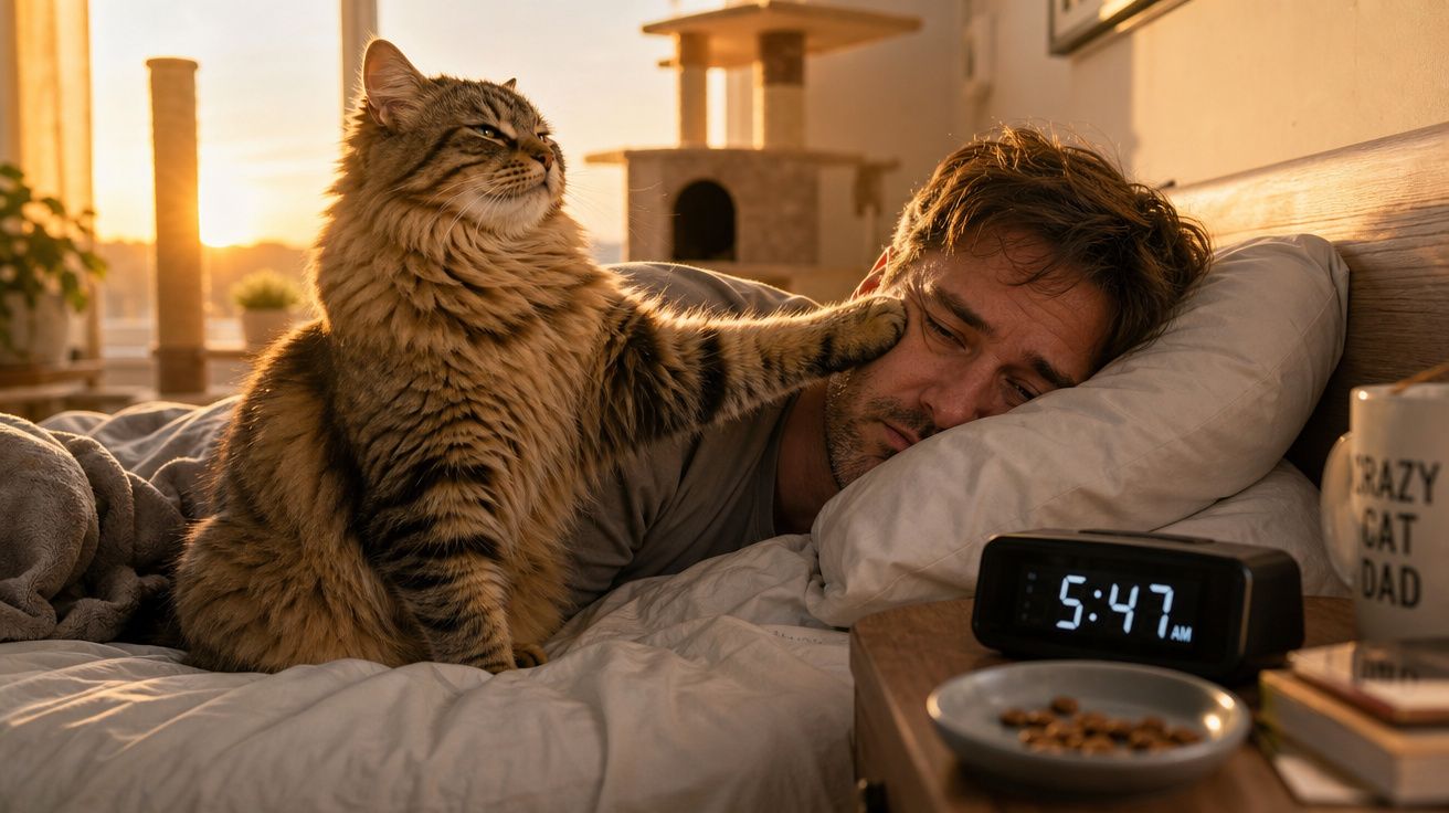 Gato tocando o rosto de homem na cama ao amanhecer, próximo a despertador e xícara "Crazy Cat Dad".