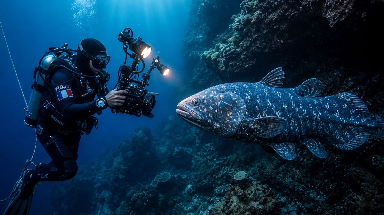 Mergulhador com equipamento de filmagem registra um grande peixe em ambiente subaquático rochoso.