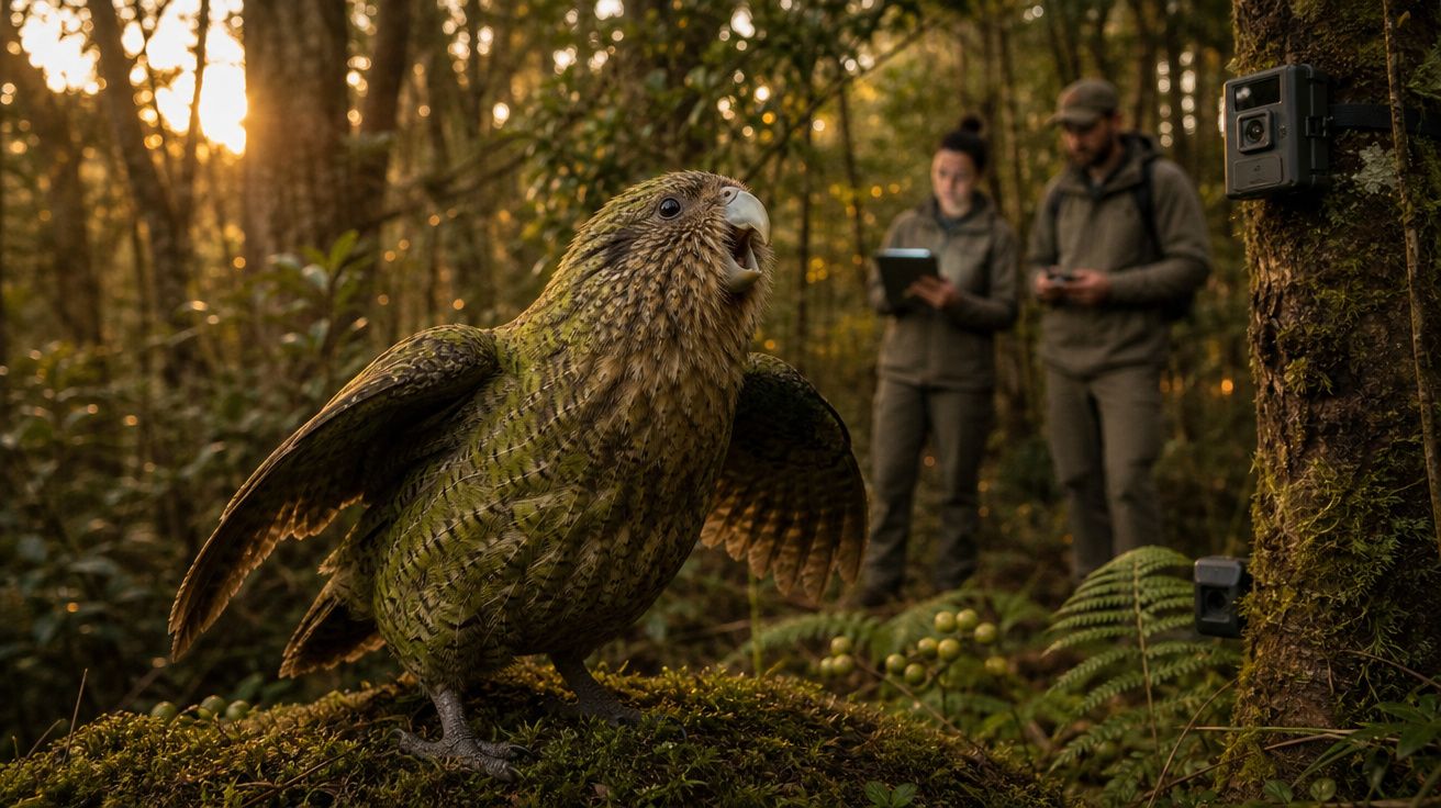 Pássaro kākāpō em floresta com investigadores e câmeras instaladas em árvores ao fundo.
