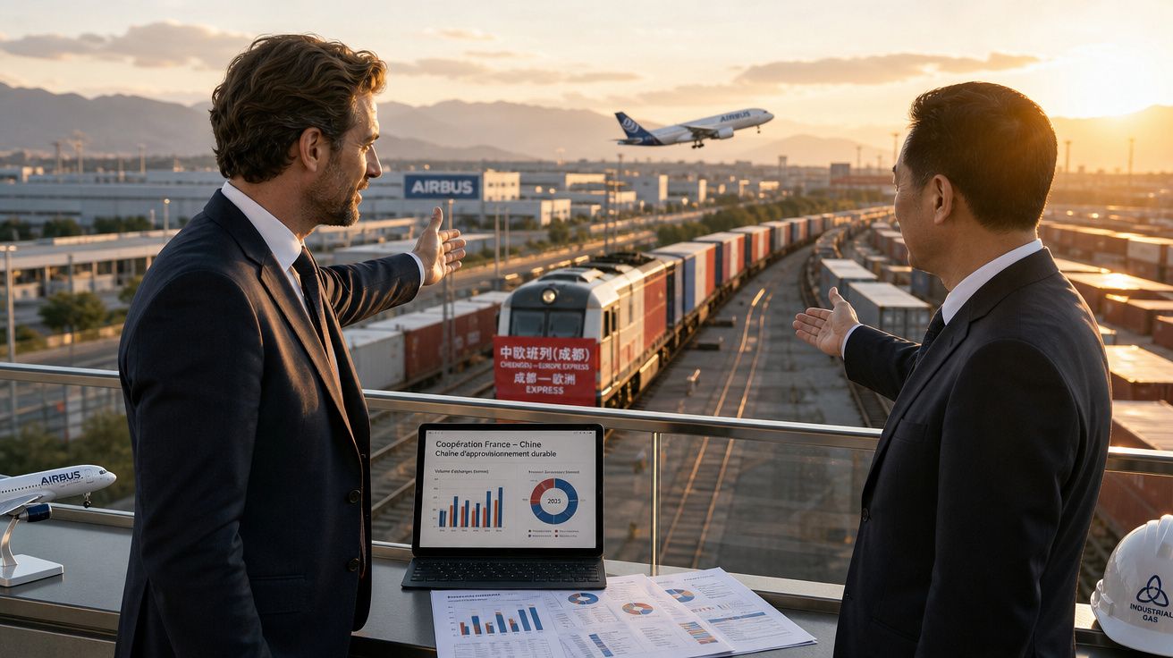 Dois homens em terno observam trem de carga e avião Airbus decolando ao pôr do sol em área industrial.